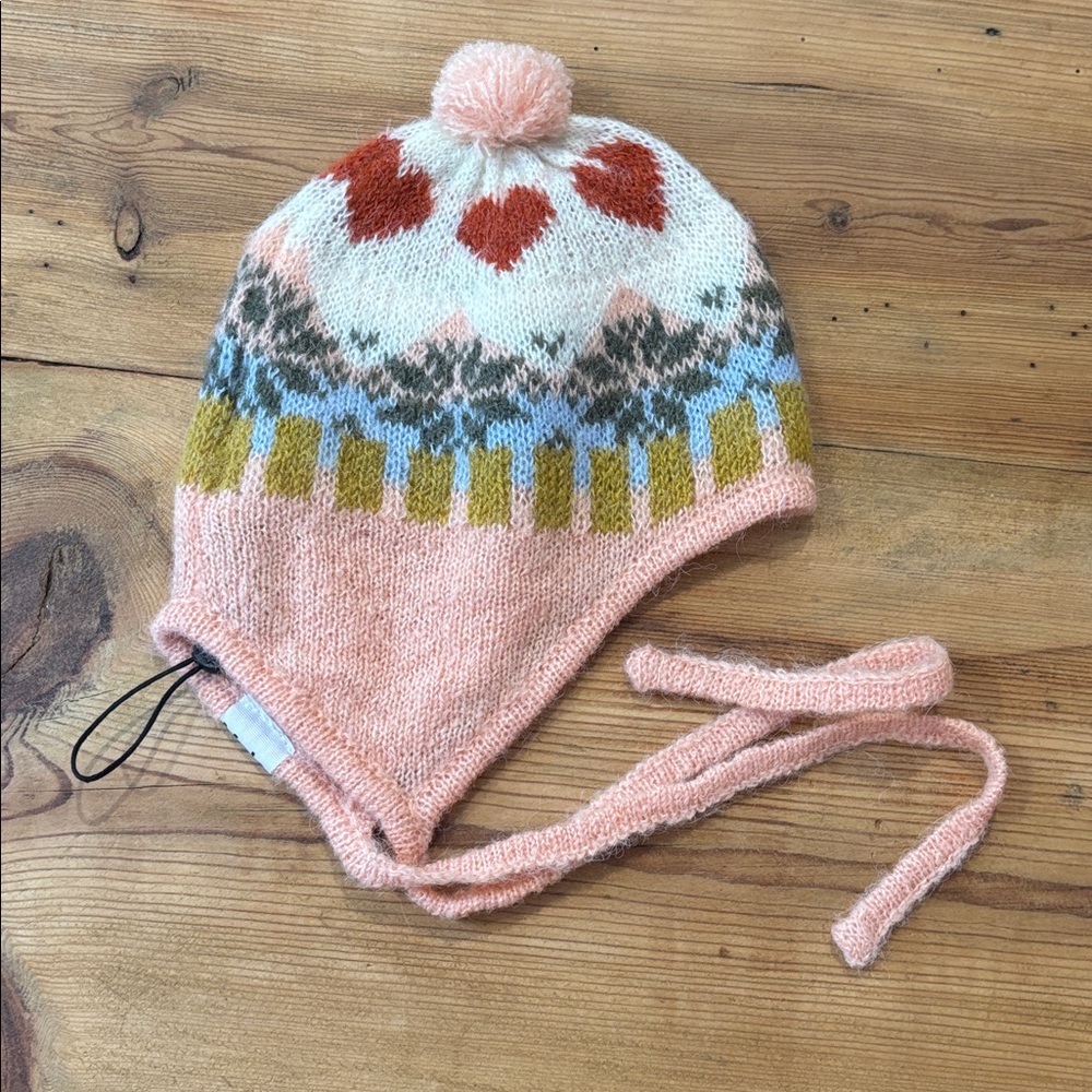 New! MOLO 6-12M Pink Alpaca Wool Bay Fair Isle Nordic Bunny Chin Tie Hat Cap - Picture 5 of 5